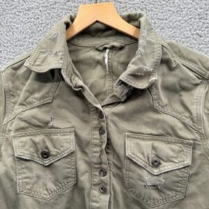 Free People Moonchild Shirt Jacket Shacket Small Olive Green Denim Distressed